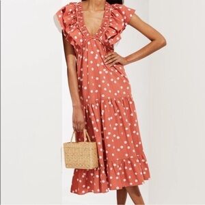 Roller Rabbit Sz S Terracota Pink Polkadot Ruffle Tiered Midi Dress Preppy